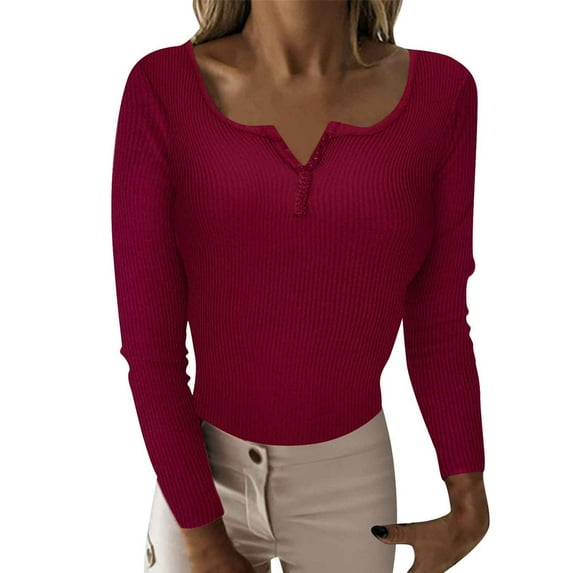 JGGSPWM Womens Solid Sweaters Henley Neck Sweaters Long Sleeve Slim Fit Sweater Comfortable Jumper Spring Pullover Red XL