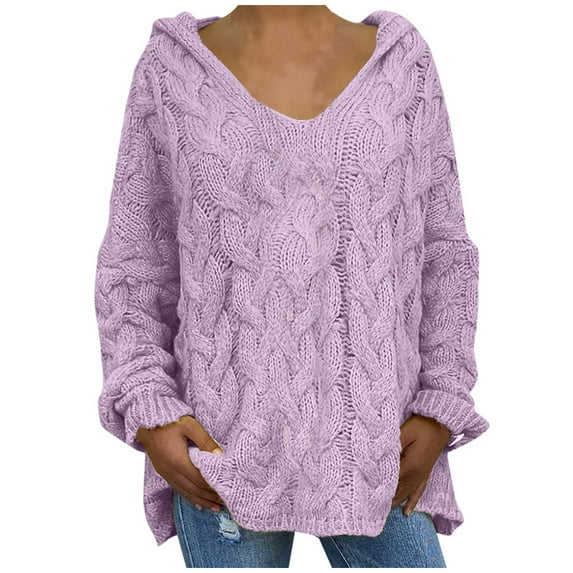 JGGSPWM Womens Solid Sweaters Ladies Pullover Long Sleeve Cable Knit Sweater Cotton Jumper V Neck Sweaters Purple S