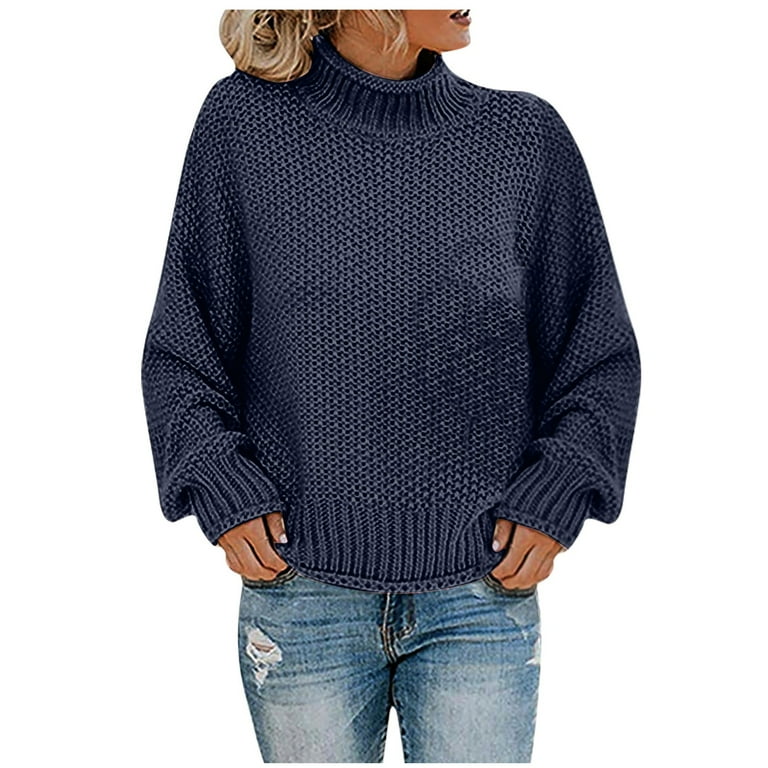 Jggspwm Womens Solid Sweaters Long Sleeve Cable Knit Sweater Round Neck Sweaters Fall Jumper Winter Pullover Navy Xxxl Women s Size 3XL Blue