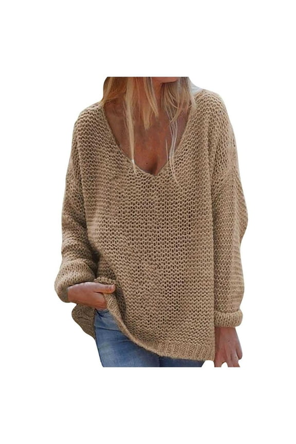 Womens Solid Sweaters Long Sleeve Oversized Slouchy Sweater V Neck Sweaters Loose Jumper Cozy Pullover Brown XL