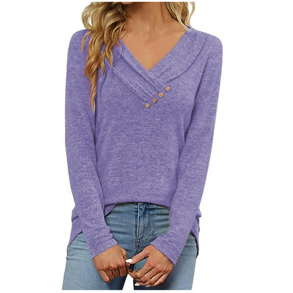 JGGSPWM Womens Solid T-shirts Long Sleeve Teen Ladies Pleated V Neck Button Decor Comfy Shirts Pullover Purple S