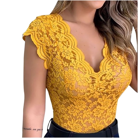 JGGSPWM Womens Solid Tees Sheer Lace Sexy Camisole V Neck Tunic Sleeveless Shirts Unlined Tank Tops Cover Tshirts Yellow L
