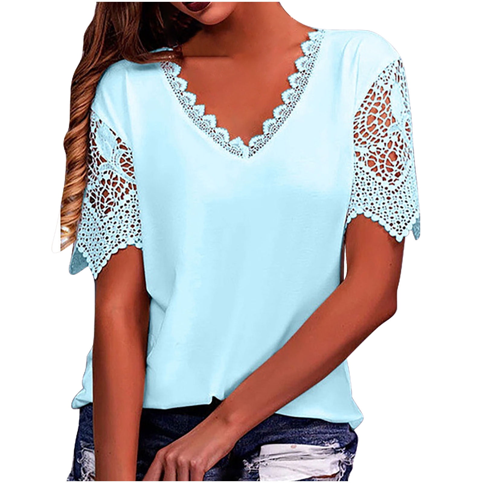 Jggspwm Womens Solid Tops Crochet V Neck Tees Flattering Cute Tunic Dressy Casual Blouse Lace