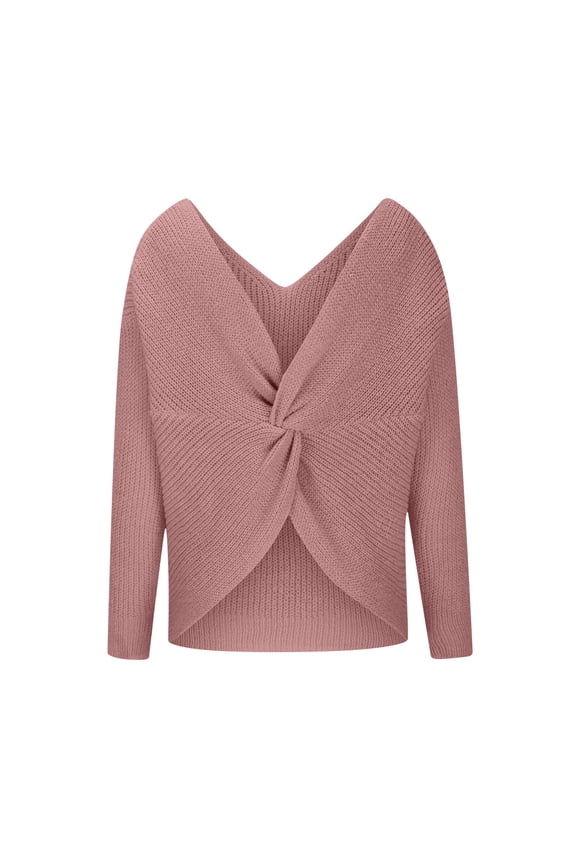 Womens Solid Twist Front Knot Sweaters Ladies Pullover Cozy Jumper Deep V Neck Sweaters Long Sleeve Cropped Sweater Pink S