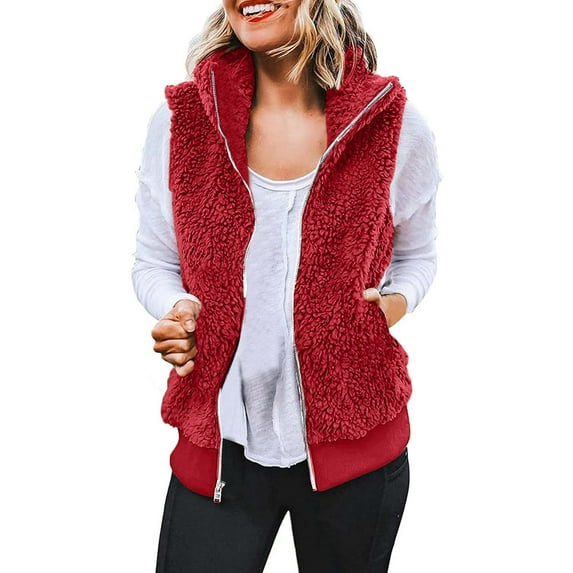 JGGSPWM Womens Solid Warm Hoodies Vest Sleeveless Hooded Full Zip Winter Plus Size V Neck Fuzzy Fleece Sweatshirts Vest Red XXXXXL