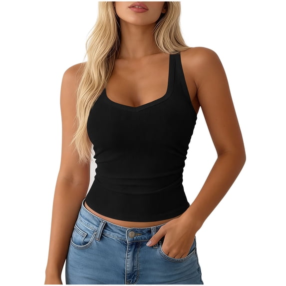 JGGSPWM Womens Spaghetti Strap Solid Collar Ribbed Tank Tops for Women Fashion Slim Fitted Soft Camisole Basic Layering Shirts Black S