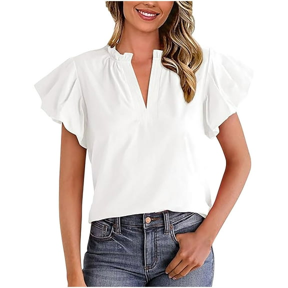 JGGSPWM Womens Spring Summer V Neck Puff Short Sleeve Cute Shirts Dressy Casual Trendy Business Work Blouses White S