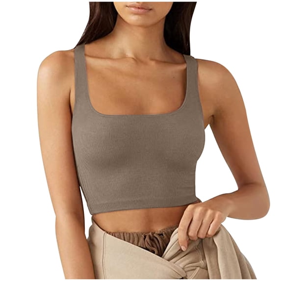 JGGSPWM Womens Square Neck Longline Sports Bra Workout Crop Tank Tops Padded Yoga Camisole with Built in Pads Brown L
