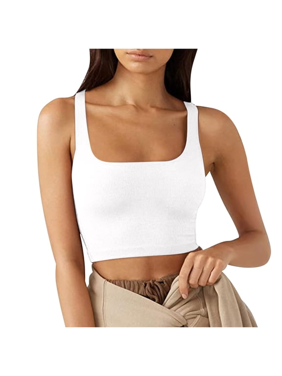 Womens Square Neck Longline Sports Bra Workout Crop Tank Tops Padded Yoga Camisole with Built in Pads White M