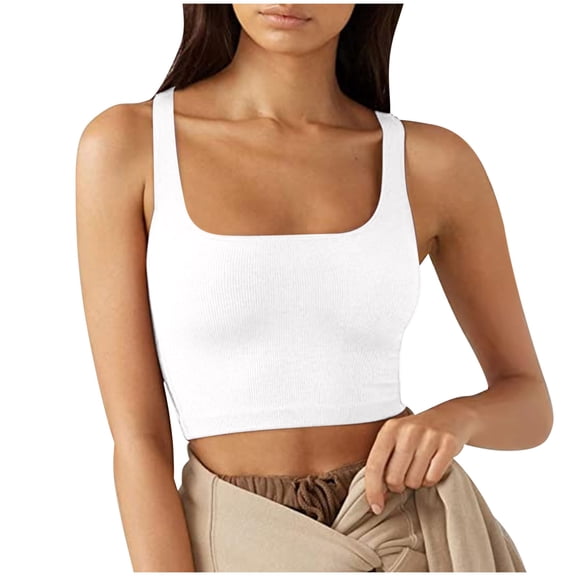JGGSPWM Womens Square Neck Longline Sports Bra Workout Crop Tank Tops Padded Yoga Camisole with Built in Pads White XXL