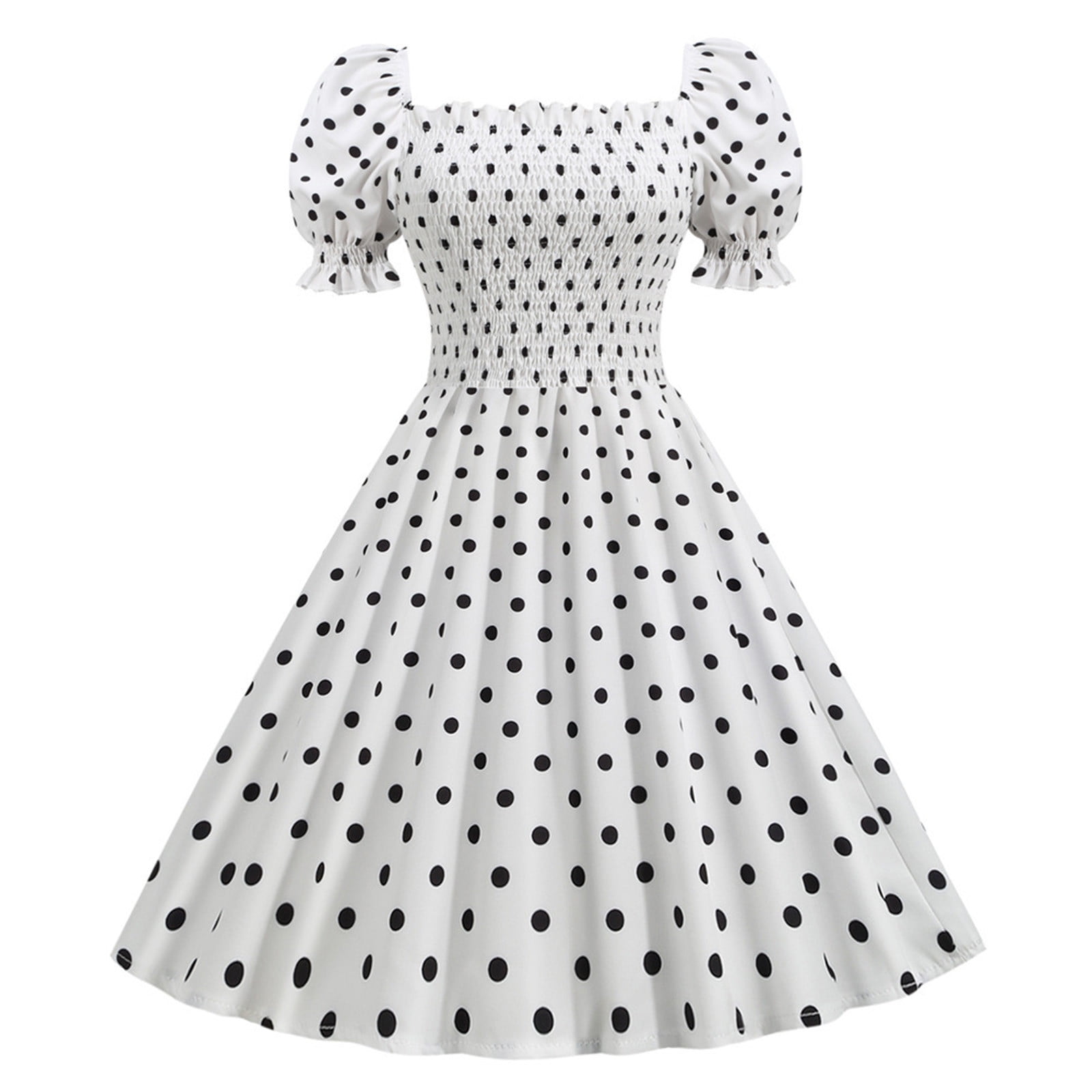 OBBUE Women's Square Neck 1950s Vintage Dress - Red White Polka Dot Cocktail Party Dress With Puff Sleeves - View #10