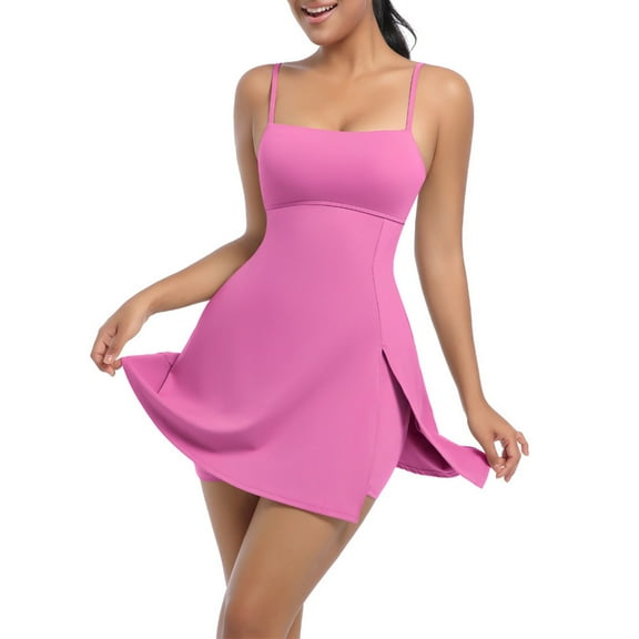 JGGSPWM Womens Square Neck Tennis Dress with Shorts Spaghetti Strap Backless Workout Side Slit Athletic Dresses Pink M