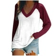 thumbnail image 1 of JGGSPWM Womens Stitching Basic Contrast Color Raglan Sleeve Shirts V Neck Long Sleeve Pullover Tops Blouse Wine XXL, 1 of 4