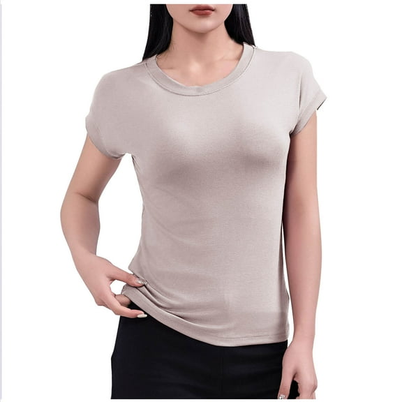 JGGSPWM Womens Stretchy Crewneck Short Sleeve Slim Fitted Bodycon Basic Tee Tops Khaki L