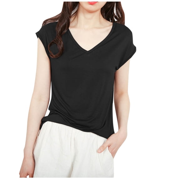 JGGSPWM Womens Summer Basic Cap Sleeve V Neck Solid Blouses T-Shirt Tees Tops Black L