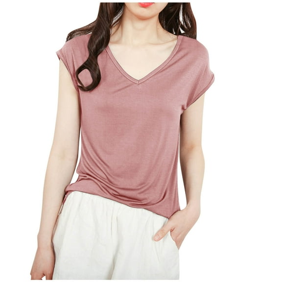 JGGSPWM Womens Summer Basic Cap Sleeve V Neck Solid Blouses T-Shirt Tees Tops Pink L