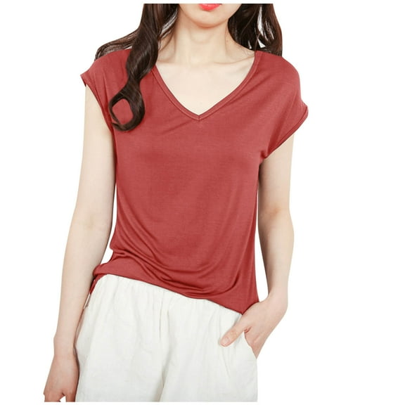 JGGSPWM Womens Summer Basic Cap Sleeve V Neck Solid Blouses T-Shirt Tees Tops Red XL