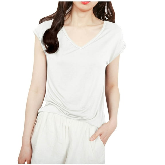 JGGSPWM Womens Summer Basic Cap Sleeve V Neck Solid Blouses T-Shirt Tees Tops White XL