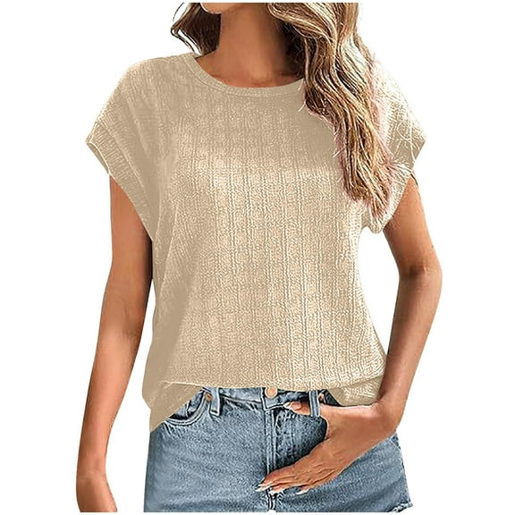 JGGSPWM Womens Summer Casual Cap Short Sleeve Tops Basic Textured Solid Color Round Neck T Shirts Blouse Beige XL