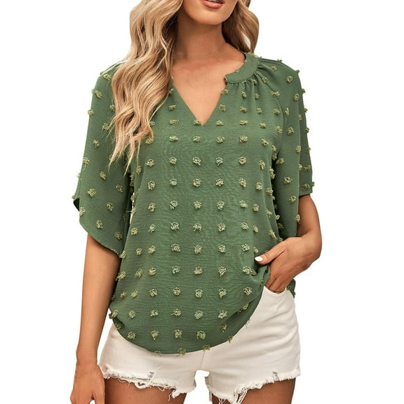 JGGSPWM Womens Summer Casual Dot Trim Texture V Neck Sleeve Blouse Flowy Dressy Tops Green S