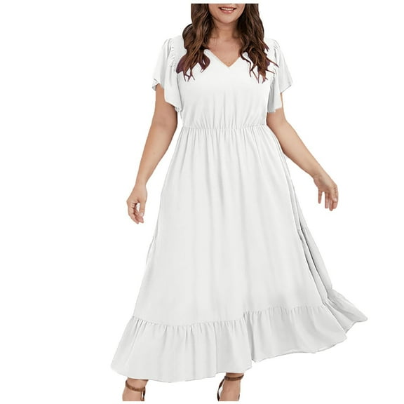 JGGSPWM Womens Summer Casual Dresses Ruffle Sleeve V Neck Midi Dress Flowy Tiered Dress with Pockets Plus Size Sundresses White XXXL