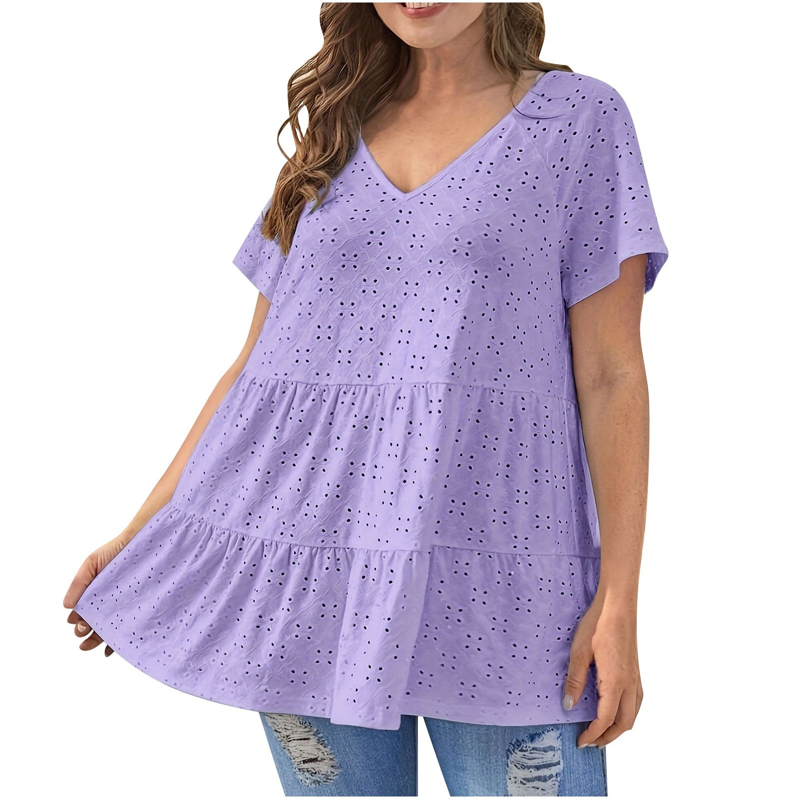OFEEFAN Women's Summer Top - Eyelet Embroidery V-Neck Oversized Babydoll Tunic (3XL, White)