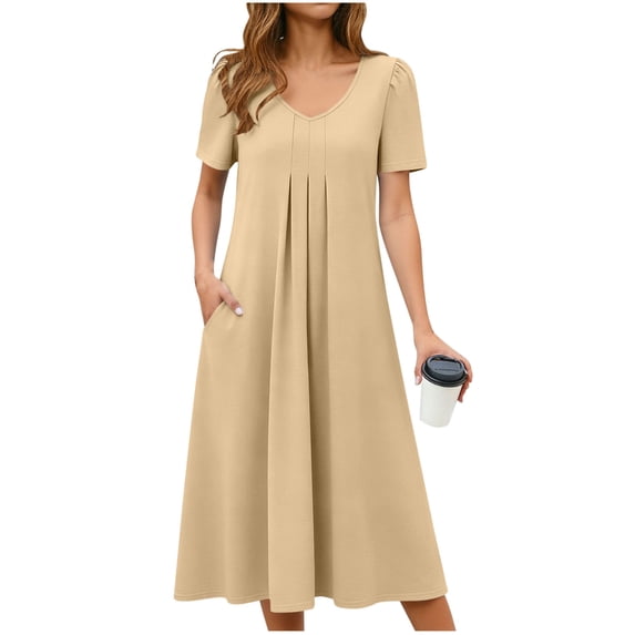 JGGSPWM Womens Summer Casual Midi Dress Short Sleeve V-Neck A Line Pleated Tshirt Dress Loose Flowy Beach Sundress with Pockets Yellow XXL