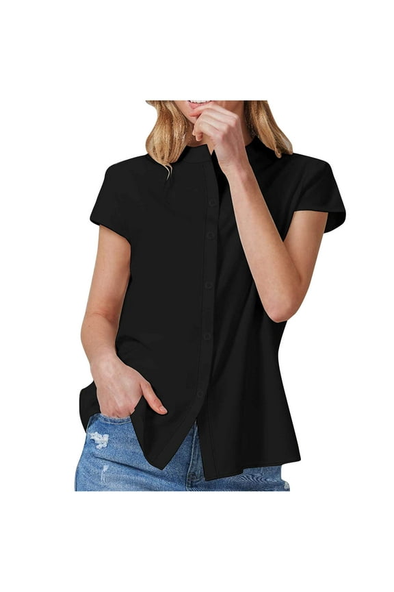 Womens Summer Cotton Cap Sleeve Collared Button Down Loose Fit Casual Tops Tee Blouses Black S