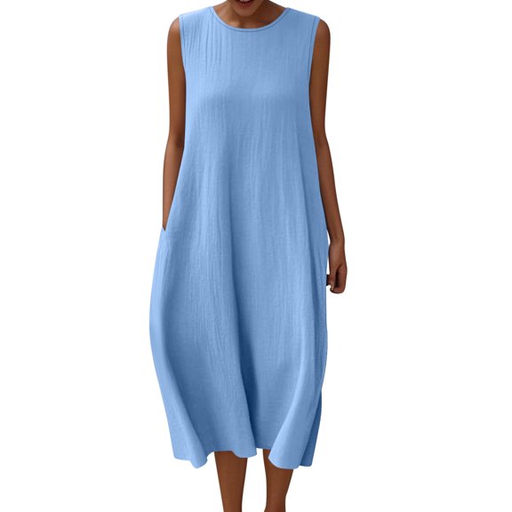 JGGSPWM Womens Summer Cotton Linen Dresses Round Neck Casual Loose Split Wrinkle-Free Long Maxi Vacation Dress with Pockets Blue XXL
