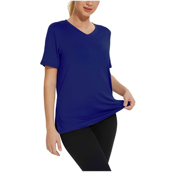 JGGSPWM Womens Summer Cotton Short Sleeve V Neck Breathable Casual Fit Solid Color Fashion Tees Tops Dark Blue 2XL