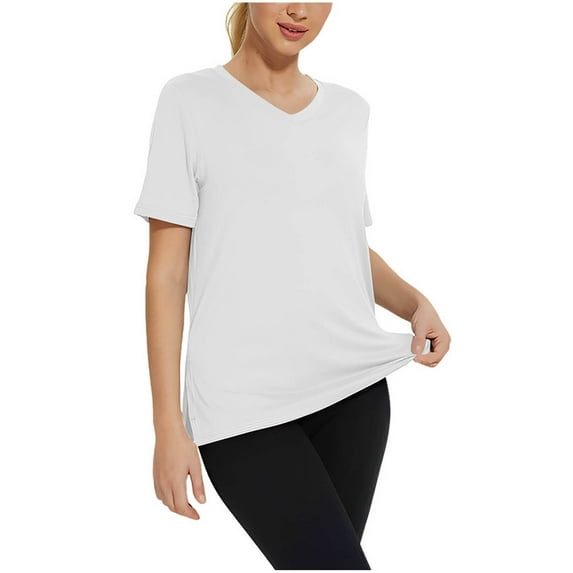JGGSPWM Womens Summer Cotton Short Sleeve V Neck Breathable Casual Fit Solid Color Fashion Tees Tops White 3XL