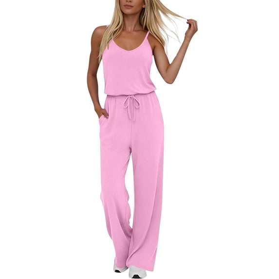 JGGSPWM Womens Summer Jumpsuits Dressy Sleeveless Wide Leg Long Pants Rompers Solid Color Casual One Piece Outfits with Pockets Pink L