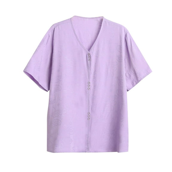 JGGSPWM Womens Summer Short Sleeve Cotton Linen Blend V Neck Loose Casual Comfy Tunic Blouse Tops Purple 4XL