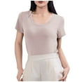 thumbnail image 1 of JGGSPWM Womens Summer Short Sleeve Crewneck Dressy Casual Long Tee Shirts Slim Fit Tops Beige L, 1 of 6