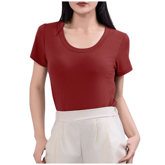JGGSPWM Womens Summer Short Sleeve Crewneck Dressy Casual Long Tee Shirts Slim Fit Tops Wine L