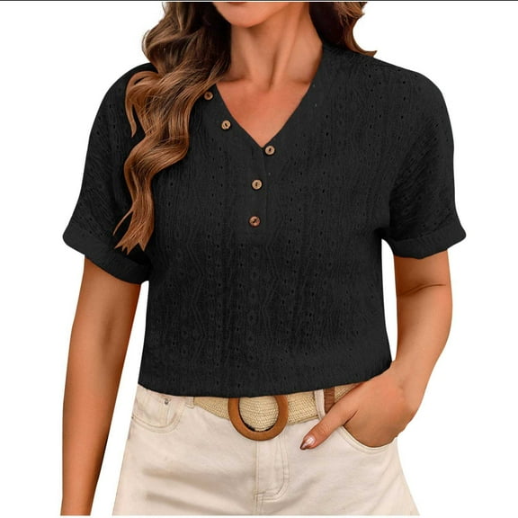 JGGSPWM Womens Summer Short Sleeve Eyelet Henley V Neck Tunic Tops Button Up Casual Loose Blouses T-Shirts Black L
