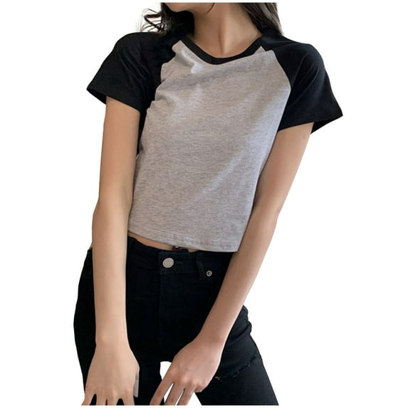JGGSPWM Womens Summer Short Sleeve T Shirts Slim Fitted Raglan Color Block Crop Tops 2025 Basic Casual Y2k Stretchy Tee Gray M