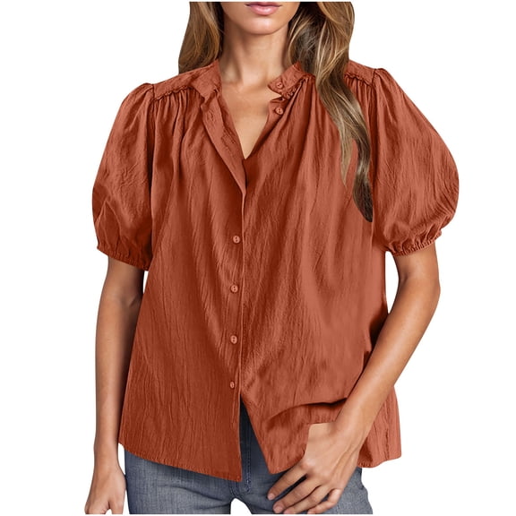JGGSPWM Womens Summer Short Sleeve V Neck Cotton Button Down Casual Dressy Ladies Tops Blouses Brown S