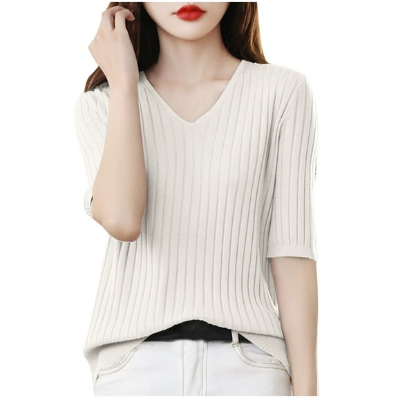 JGGSPWM Womens Summer Solid Short Sleeve Sweaters Tops V Neck Cable Knit Lightweight Sweater Shirts Blouses Beige S