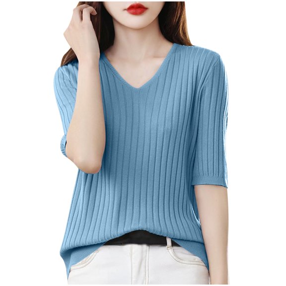 JGGSPWM Womens Summer Solid Short Sleeve Sweaters Tops V Neck Cable Knit Lightweight Sweater Shirts Blouses Blue XXL