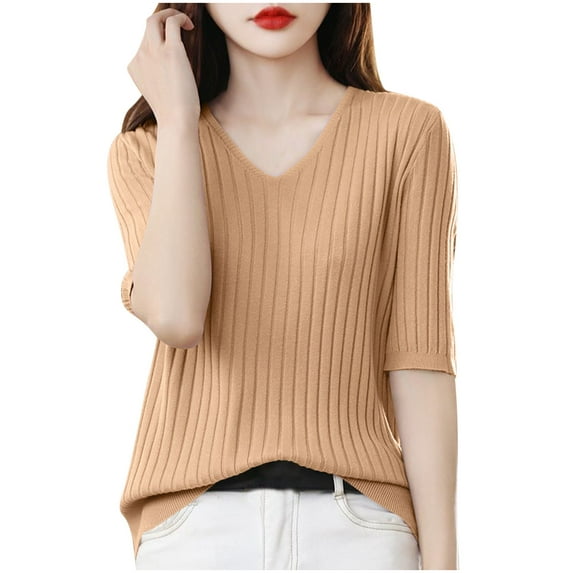 JGGSPWM Womens Summer Solid Short Sleeve Sweaters Tops V Neck Cable Knit Lightweight Sweater Shirts Blouses Gold XXL