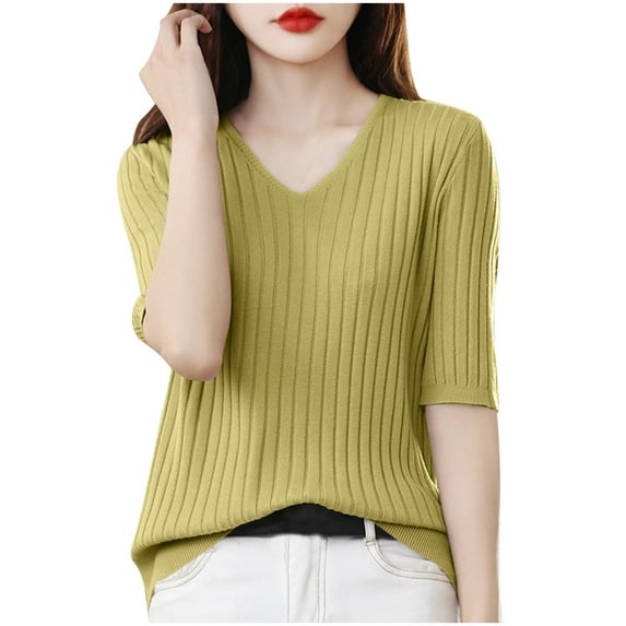 JGGSPWM Womens Summer Solid Short Sleeve Sweaters Tops V Neck Cable Knit Lightweight Sweater Shirts Blouses Yellow S