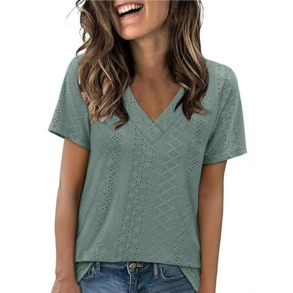 JGGSPWM Womens Summer Tops Trendy Eyelet Crossed V Neck T Shirts Loose Fit Casual Short Sleeve Tshirts Shirts Fashion Green XXL