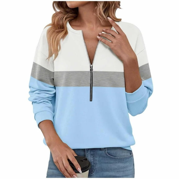JGGSPWM Womens Sweatshirts Half Zip Fleece Pullover Tops Color Block Quarter Zipper Hoodies Fashion Fall Winter Clothes Blue XXXL