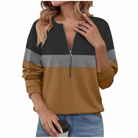 JGGSPWM Womens Sweatshirts Half Zip Fleece Pullover Tops Color Block Quarter Zipper Hoodies Fashion Fall Winter Clothes Brown XXL