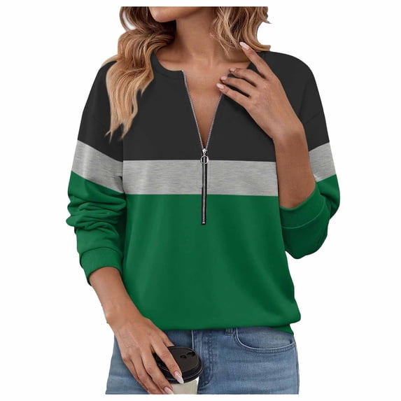 JGGSPWM Womens Sweatshirts Half Zip Fleece Pullover Tops Color Block Quarter Zipper Hoodies Fashion Fall Winter Clothes Green L