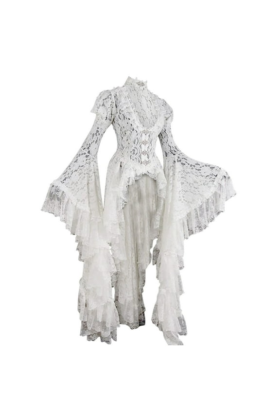 Womens Tailcoat Hem Dress Sheer Lace Dress Deep Scoop Neck Long Sleeve Dress Vintage Retro Flare Bell Sleeve Medieval Dresses White S
