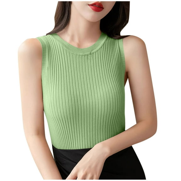 JGGSPWM Womens Tank Tops Summer Fashion Slim Fit Workout Ribbed Sleeveless High Neck Beach Vacation Oufits Clothes Green S