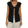 thumbnail image 1 of JGGSPWM Womens Tie Crochet Shrug Short Sleeve Blouse Shirt Open Front Lightweight Knit Cropped Cardigan Sweaters Cover Up Black M, 1 of 7