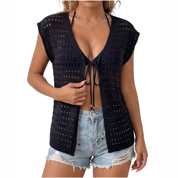 JGGSPWM Womens Tie Crochet Shrug Sleeveless Open Front Lightweight Knit Cropped Cardigan Sweaters Cover Up Black L